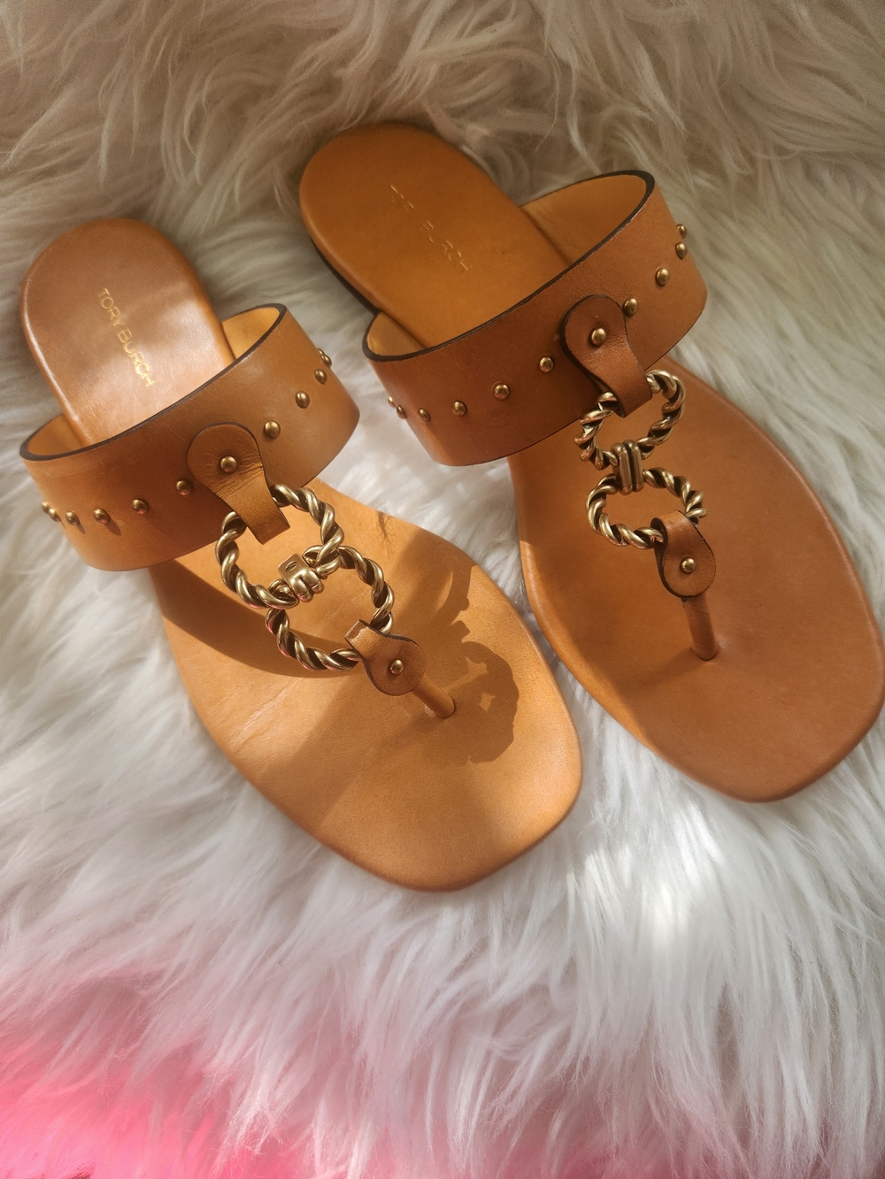 Tory Burch Tan Leather Ring-Detail Thong Sandals